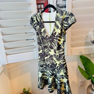 Shop 126. Size Pp. Leaf Print Mini Dress in Black and Yellow